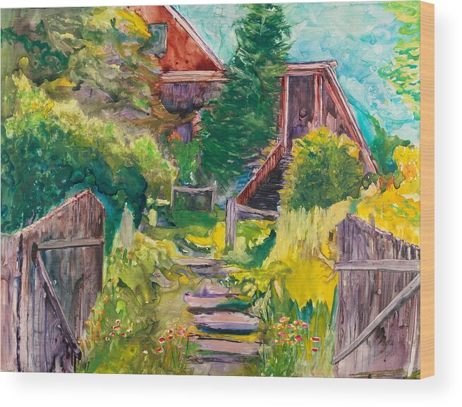 Landscape Wood Print featuring the painting Hill House #1 by Gary DeBroekert