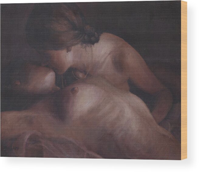 Nude Wood Print featuring the painting Kiss #1 by Masami Iida