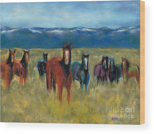Mustangs Wood Print featuring the painting Mustangs in Southern Colorado #1 by Frances Marino