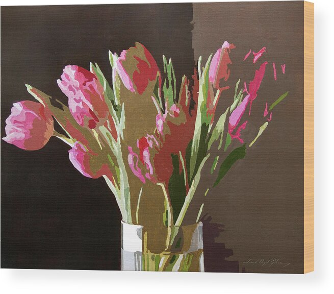 Florals Wood Print featuring the painting Pink Tulips in Glass #1 by David Lloyd Glover
