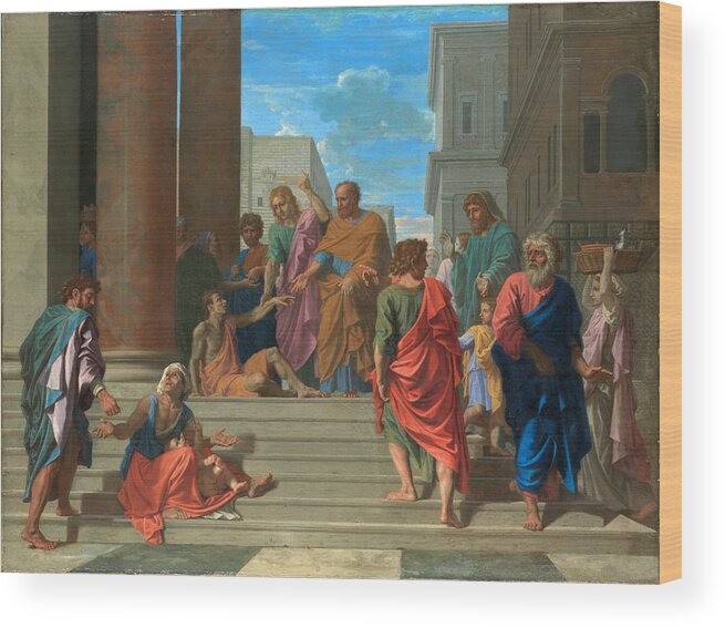 Nicolas Poussin Wood Print featuring the painting Saints Peter and John Healing the Lame Man #4 by Nicolas Poussin