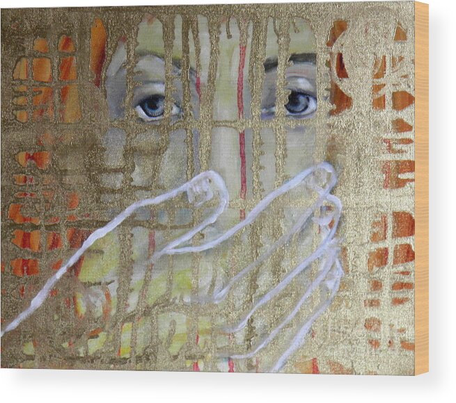 Face Eyes Hand Hair Colour Image Paint Gold Orange Yellow Blue Curtain Over Under Symbolic Female Wood Print featuring the painting Silence #1 by Ida Eriksen