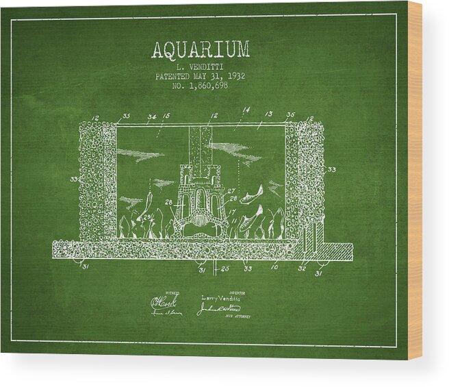 Fish Bowl Wood Print featuring the digital art 1932 Aquarium Patent - Green by Aged Pixel