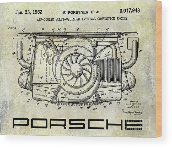 Porsche Patent Wood Print featuring the photograph 1962 Porsche Engine Patent by Jon Neidert