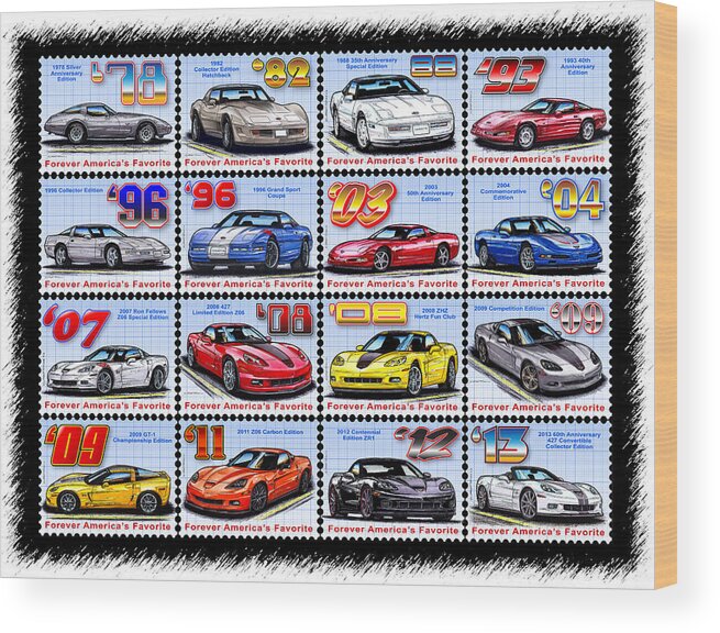 Special Edition Corvettes Wood Print featuring the drawing 1978 - 2013 Special Edition Corvette Postage Stamps by K Scott Teeters
