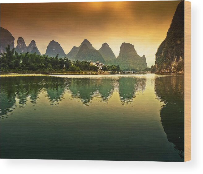 Sunset Wood Print featuring the photograph Tranquil evening reflection-China Guilin scenery-Lijiang River in Yangshuo by Artto Pan