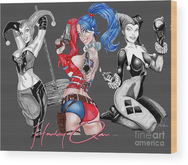 Harley Wood Print featuring the drawing Harley Quinn Poster by Bill Richards