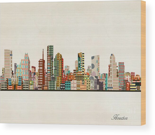 Houston Wood Print featuring the painting Houston Texas Skyline #2 by Bri Buckley