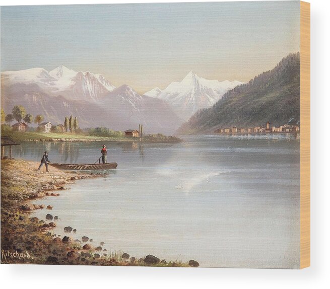 Hubert Sattler (vienna 1817-1904 Vienna) Lake Zell And The Kitzsteinhorn Wood Print featuring the painting Lake Zell and the Kitzsteinhorn #2 by MotionAge Designs