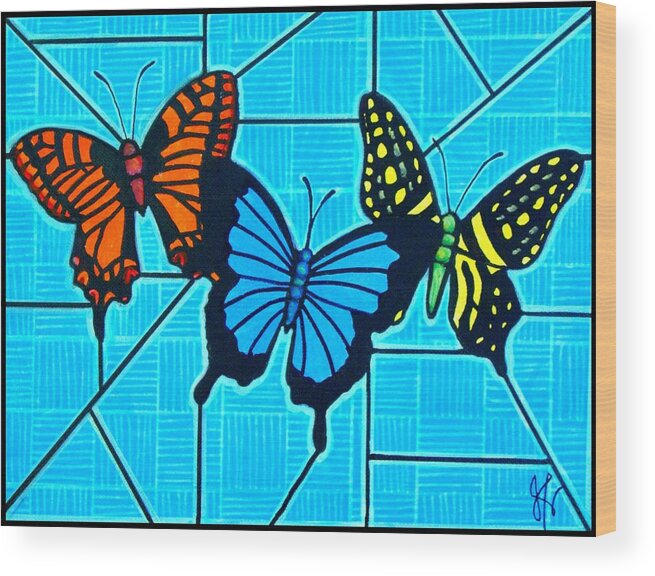 Butterflies Wood Print featuring the painting 3 Butterflies on Blue by Jim Harris