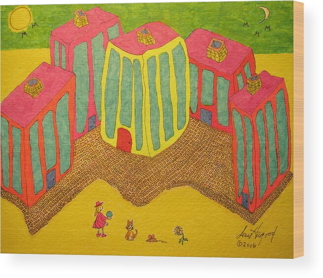 Hagood Wood Print featuring the painting 4 Tall Buildings, Girl, And Cat by Lew Hagood
