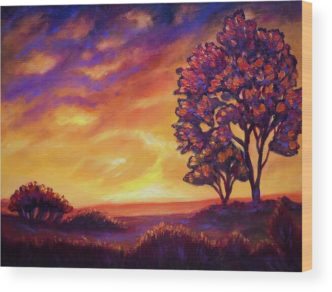 Tree Wood Print featuring the painting After sunset #5 by Lilia S