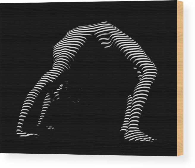 Woman Wood Print featuring the photograph 9454-DJA Back Bend Yoga Zebra Girl Striped Curves Black White Photograph by Chris Maher by Chris Maher