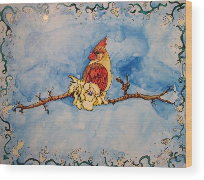 Cardinal Wood Print featuring the painting A Birds Delight by Patricia Arroyo