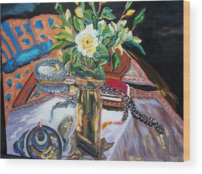 Still Life Wood Print featuring the painting A flower and a vase by Ray Khalife