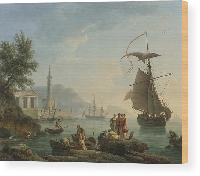 Claude Joseph Vernet Wood Print featuring the painting A Mediterranean Harbor At Sunset With Fisherfolk At The Water's Edge by Celestial Images