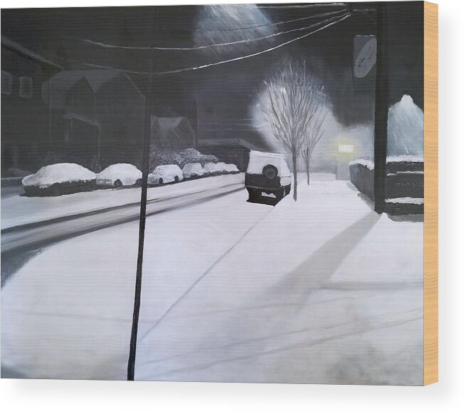 Snow Wood Print featuring the painting A Snowy Street in Portland by Karyn Robinson
