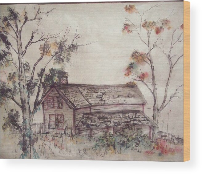 Building. Old House. Autumn. Trees. Wood Print featuring the painting Aged Wood by Debbi Saccomanno Chan
