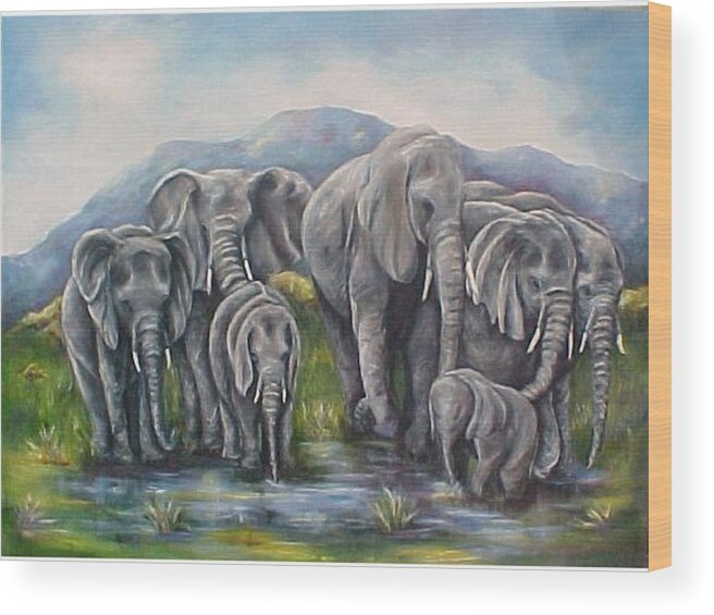Elephants Wood Print featuring the painting Always by Melody Horton Karandjeff