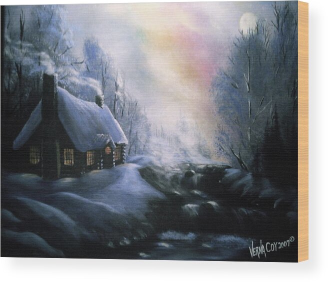 Alaska Alaskan Christmas Winter Cabin Scenery Wood Print featuring the painting An Alaskan Night by Verna Coy