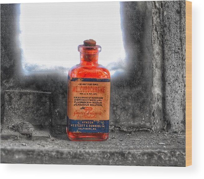 Antique Wood Print featuring the photograph Antique Mercurochrome Hynson Westcott and Dunning Inc. Medicine Bottle - Maryland Glass Corporation by Marianna Mills
