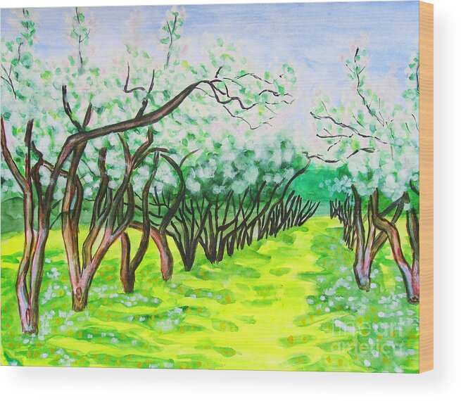Hand Wood Print featuring the painting Apple garden in blossom by Irina Afonskaya