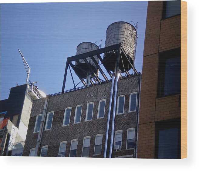 New York Nyc Ny Brian Water Towers Building Buildings Windows Window Coblitz Brick Wood Print featuring the photograph Art District in NYC looking up by David Coblitz