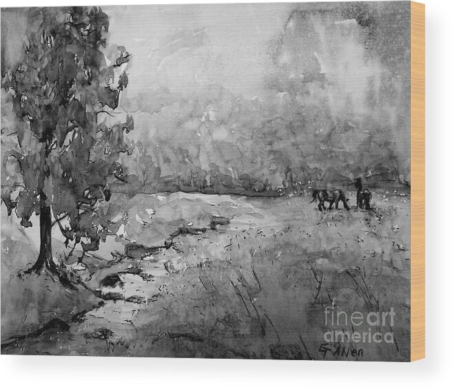 Black And White Painting Wood Print featuring the painting Aska Farm Horses in BW by Gretchen Allen
