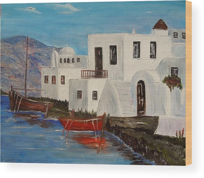 Boat Wood Print featuring the painting At home in Greece by Marilyn McNish