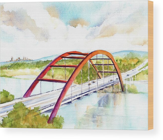 Bridge Wood Print featuring the painting Austin 360 Bridge - Pennybacker by Carlin Blahnik CarlinArtWatercolor
