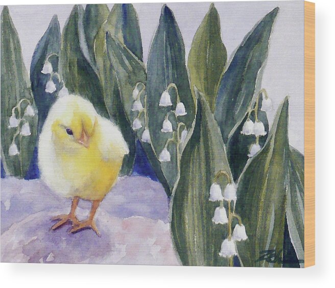Baby Chick Wood Print featuring the painting Baby Chick and Lily of the Valley Flowers by Janet Zeh