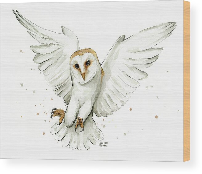 Owl Wood Print featuring the painting Barn Owl Flying Watercolor by Olga Shvartsur