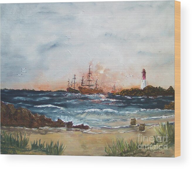 Barnegat Lighthouse Nj Beach Ocean Boats Ship Wood Print featuring the painting Barnegat Lighthouse by Miroslaw Chelchowski