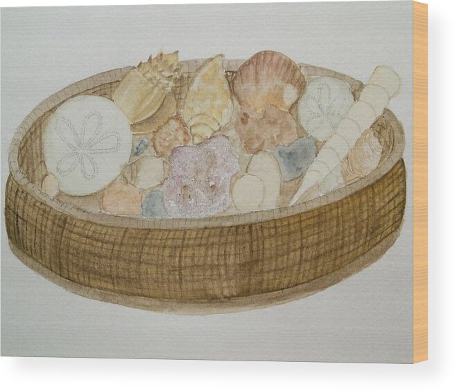 Sea Shells Wood Print featuring the painting Basket of Beach Memories by Susan Nielsen