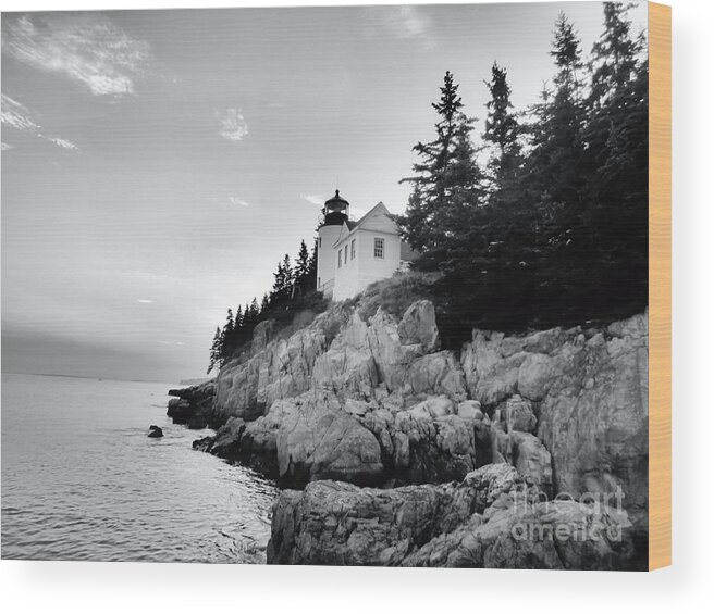 Bass Harbor Maine Wood Print featuring the photograph Bass Harbor Lighthouse in Black and White by Elizabeth Dow