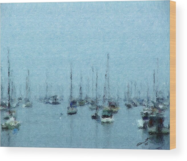 Sail Boats Marblehead Mass Harbor Sailing Anchored Bay Sea Wood Print featuring the painting Bateaux au Repos by Eddie Durrett