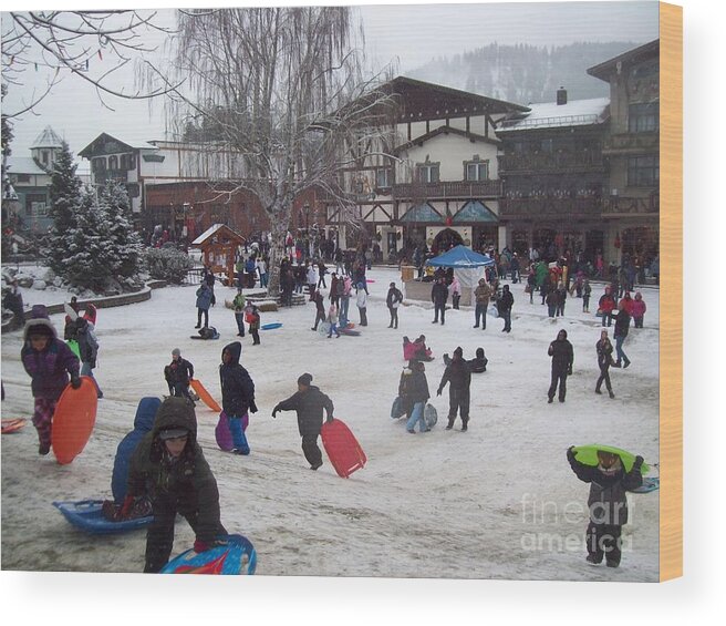 Children Wood Print featuring the photograph Bavarian Winter Village Scene Sledding by Carol Riddle