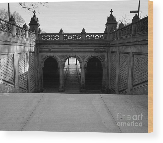 Central Park Wood Print featuring the photograph Bethesda Terrace in Central Park - BW by James Aiken
