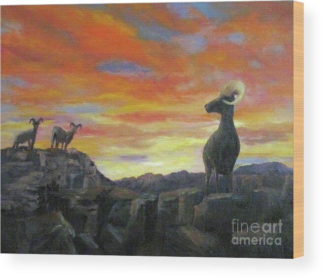 Landscape Wood Print featuring the painting Big Horn Sheep at Sunset by Roseann Gilmore