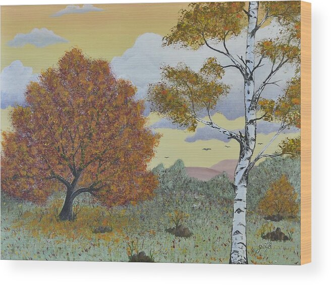 Landscape Wood Print featuring the painting Birch and Oak Frienship by Georgeta Blanaru