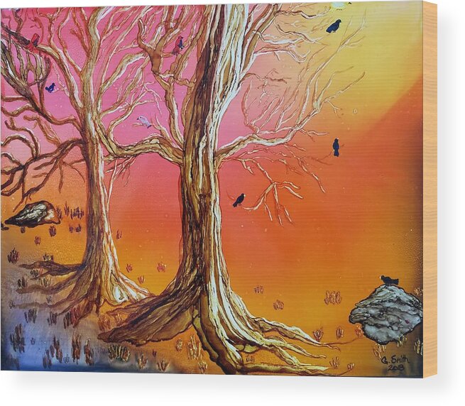Colorful Wood Print featuring the painting Birds in Trees by Gerry Smith