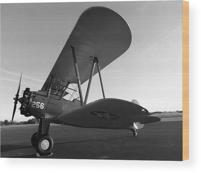Black And White Wood Print featuring the photograph Black and White Preston Aviations Boeing Stearman 001 by Christopher Mercer