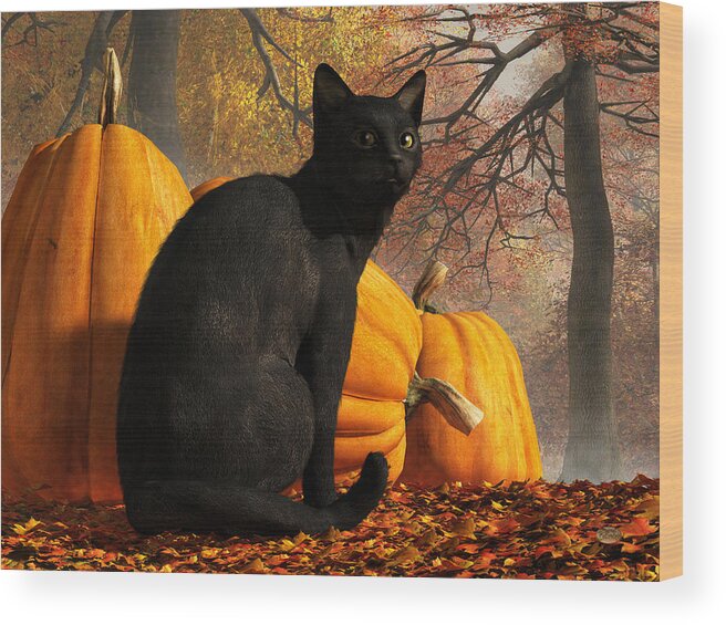 Black Cat Wood Print featuring the digital art Black Cat At Halloween by Daniel Eskridge