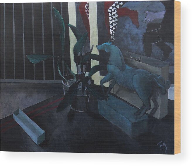 Still ;ife Wood Print featuring the painting Black Orchid and Horse by Thomas Tribby
