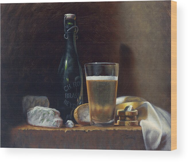  Oil Wood Print featuring the painting Bleu Cheese and Beer by Timothy Jones