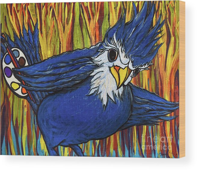 Blue Jay Wood Print featuring the painting Blue Jay Artist by Rebecca Weeks