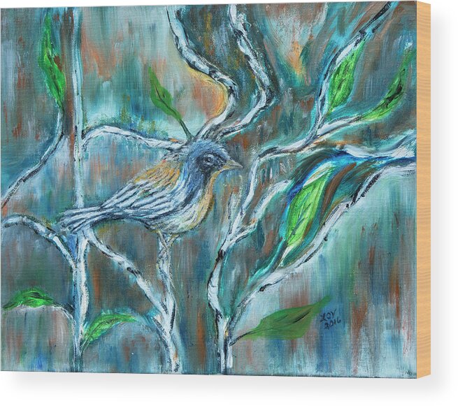 Oil Color Painting Blue Warbler Bird Birch Tree Leaves Print Blue Orange Green Wood Print featuring the painting Blue Warbler in Birch by Lucille Valentino