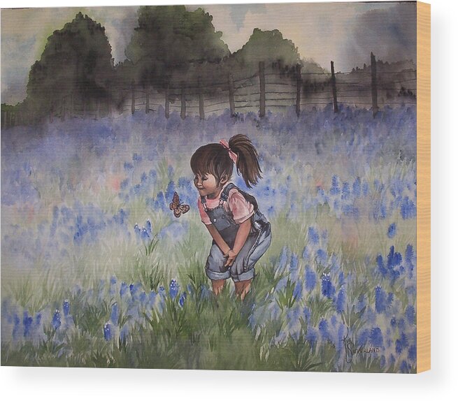 Texas Wood Print featuring the painting Bluebonnet Cutie by Kim Whitton