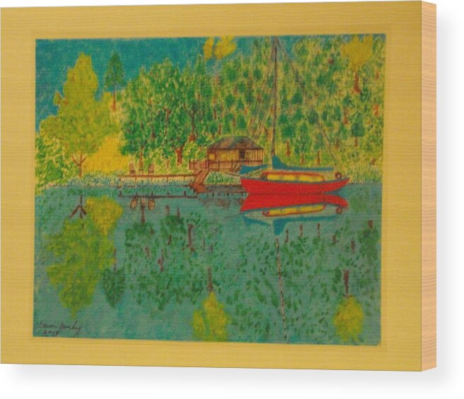 Bungalow Wood Print featuring the painting Boat on Lake by Dennis Buchy