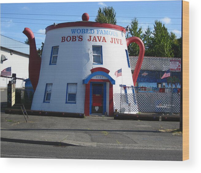 World Famous Wood Print featuring the photograph Bob's Java Jive Coffee Pot by Kym Backland